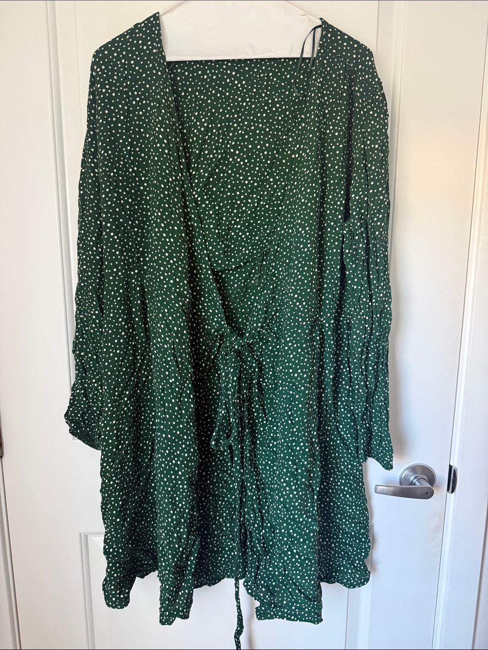 Green Polka Dot Mini Dress 100% Viscose Tie Waist Long Sleeve Size XL